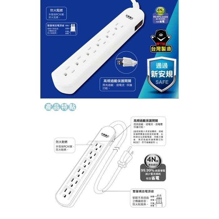 【太星電工】3.5A 3USB四開四插電腦線/3P(6尺)+一開六插延長線(3P15A4尺)(買一送一)