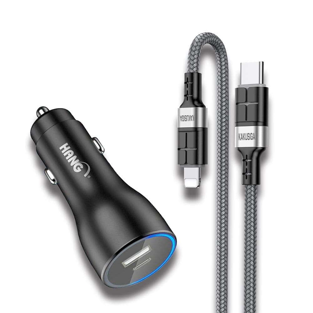 【HANG】41W雙孔快充車充頭+PD20W抗彎折超級快充線 Type-C to Lightning充電線(1.2M)