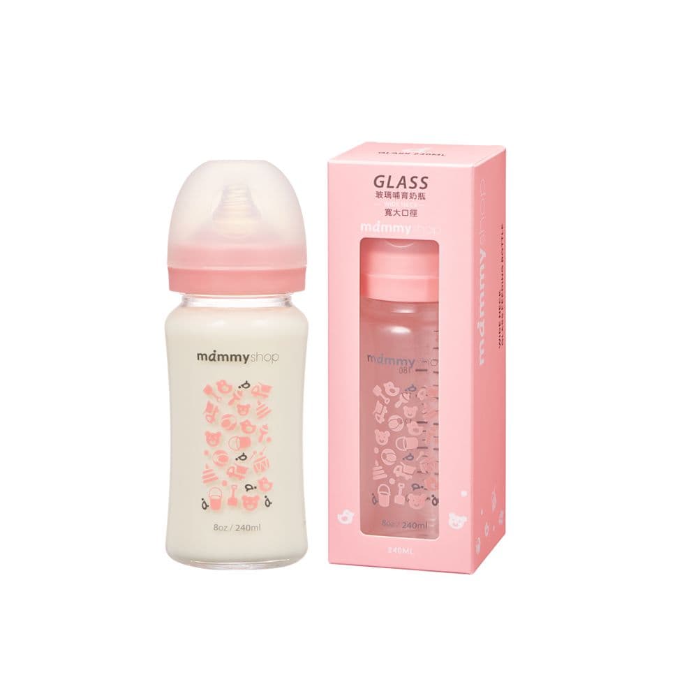 【mammyshop 媽咪小站】母感體驗2.5 - 玻璃奶瓶 240ml (寬大口徑 / 恐龍 湖水綠 櫻花粉 三款)