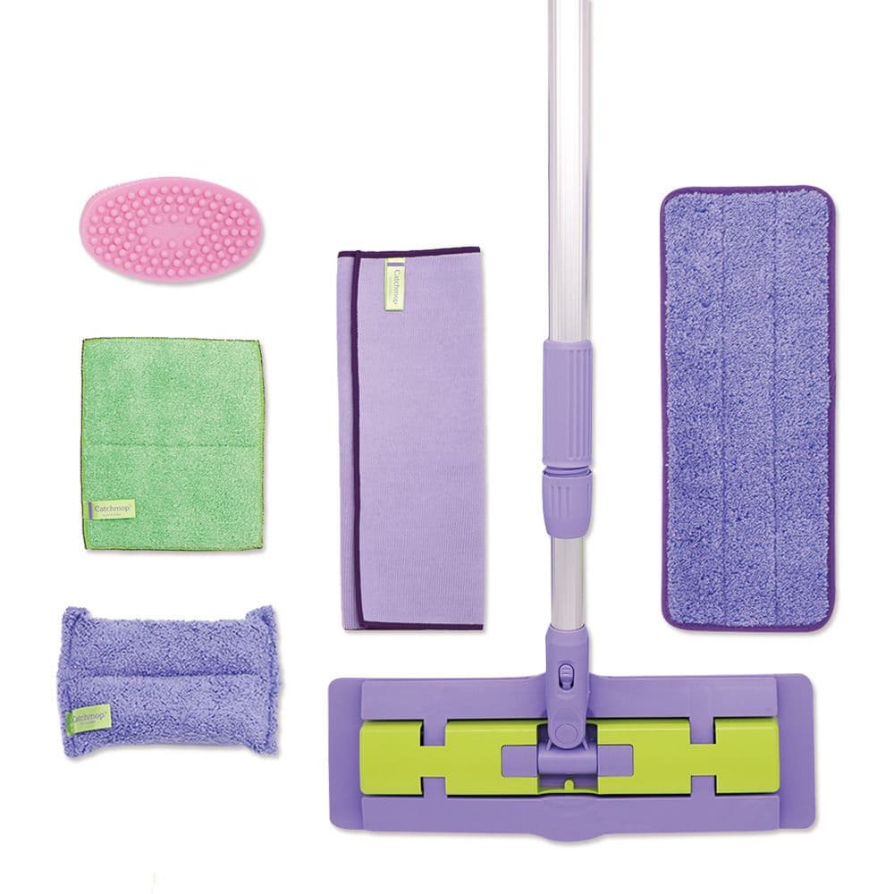 【Catchmop】清潔豪華5入組(拖把組+廚房用抹布+玻璃用抹布+海棉+贈矽膠刷)