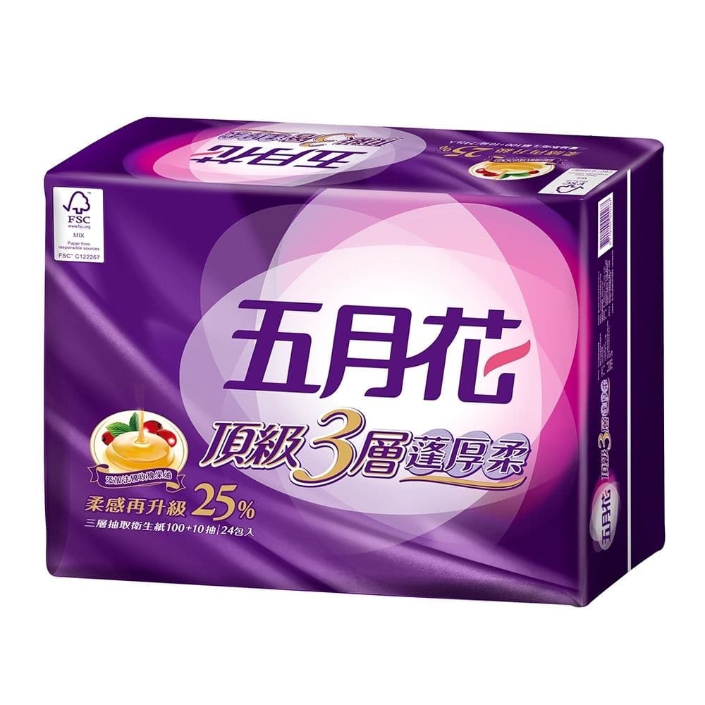 【五月花】頂級蓬厚柔三層抽取衛生紙100+10抽x48包-玫瑰果油