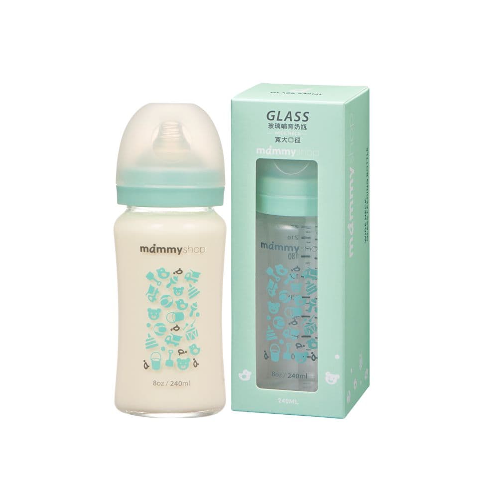 【mammyshop 媽咪小站】母感體驗2.5 - 玻璃奶瓶 240ml (寬大口徑 / 恐龍 湖水綠 櫻花粉 三款)