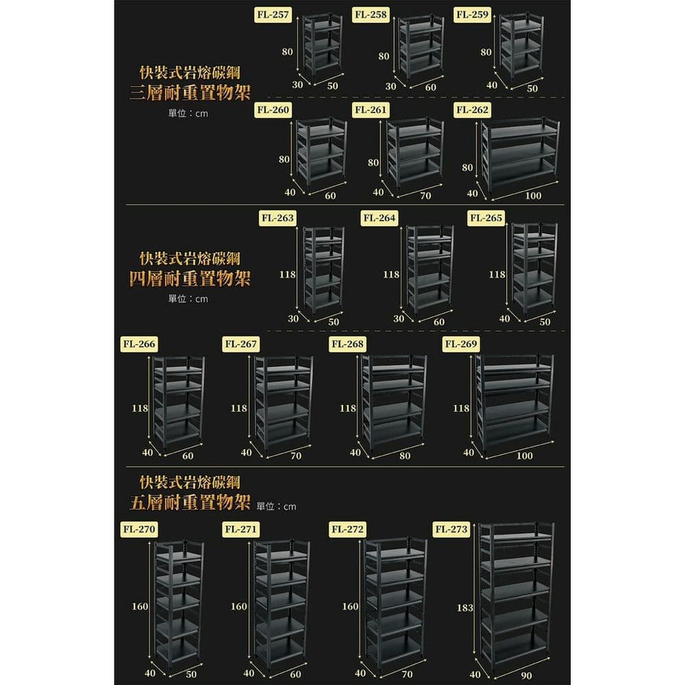 【FL 生活+】快裝式岩熔碳鋼五層耐重置物架(FL-272)40x70x160公分 免螺絲角鋼