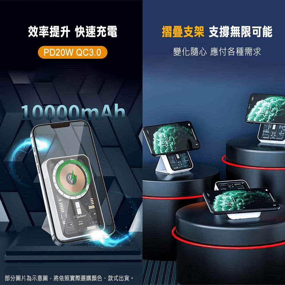 【Wephone】10000mAh PD快充 MagSafe工業風透明磁吸支架行動電源 可上飛機