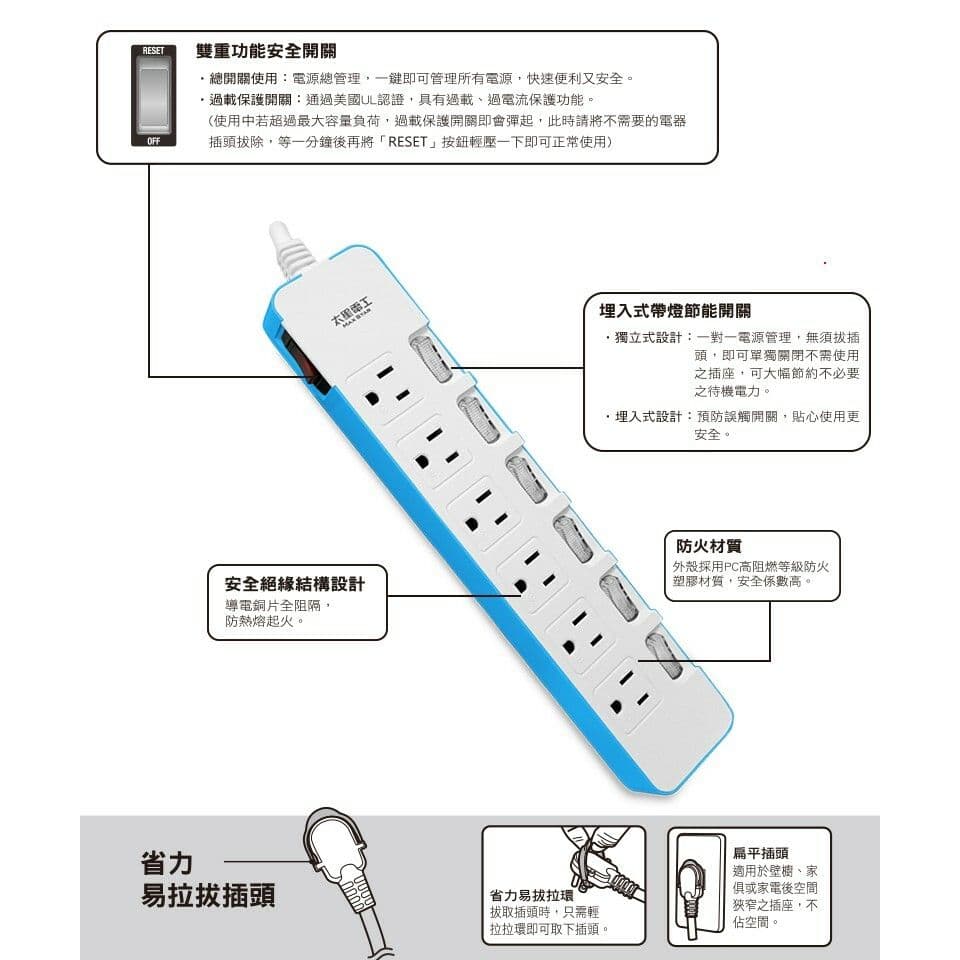 【太星電工】一發連動彩色七開六插電腦線/3P 9尺(混色) OCD76309