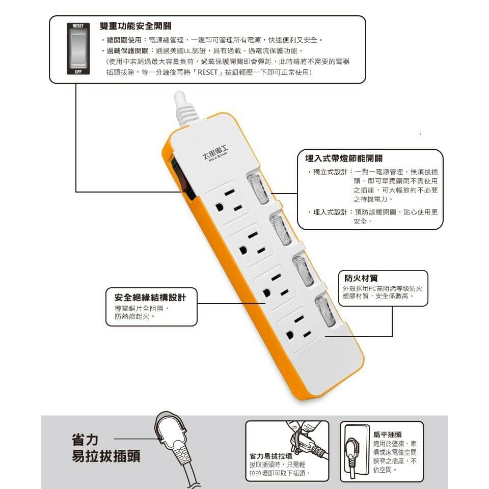 【太星電工】一發連動彩色五開四插電腦線/3P 9尺(混色) OCD54309