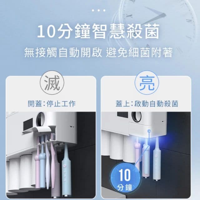 【慢慢家居】太陽能紫外線牙刷消毒置物架(磁吸4口杯+自動擠牙膏器)