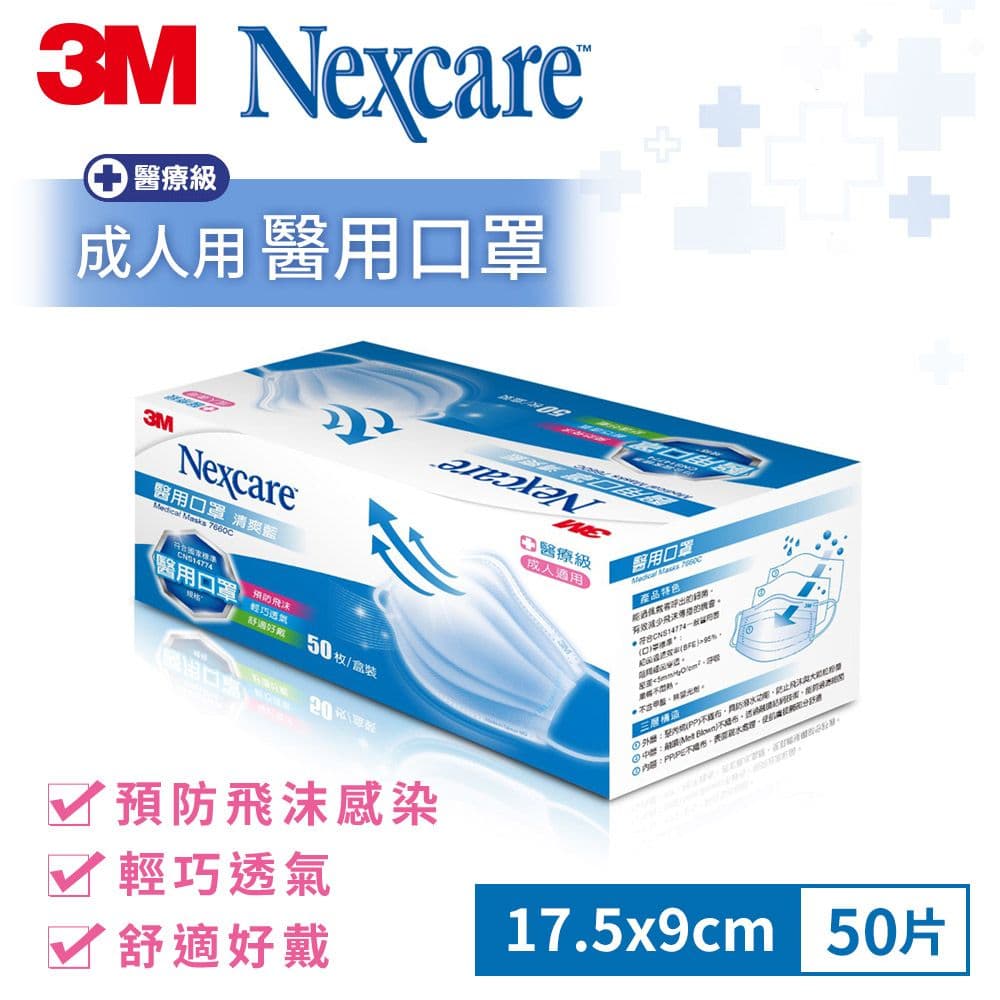 【3M】Nexcare雙鋼印醫用口罩50片盒裝 粉藍色 成人/兒童任選7660C