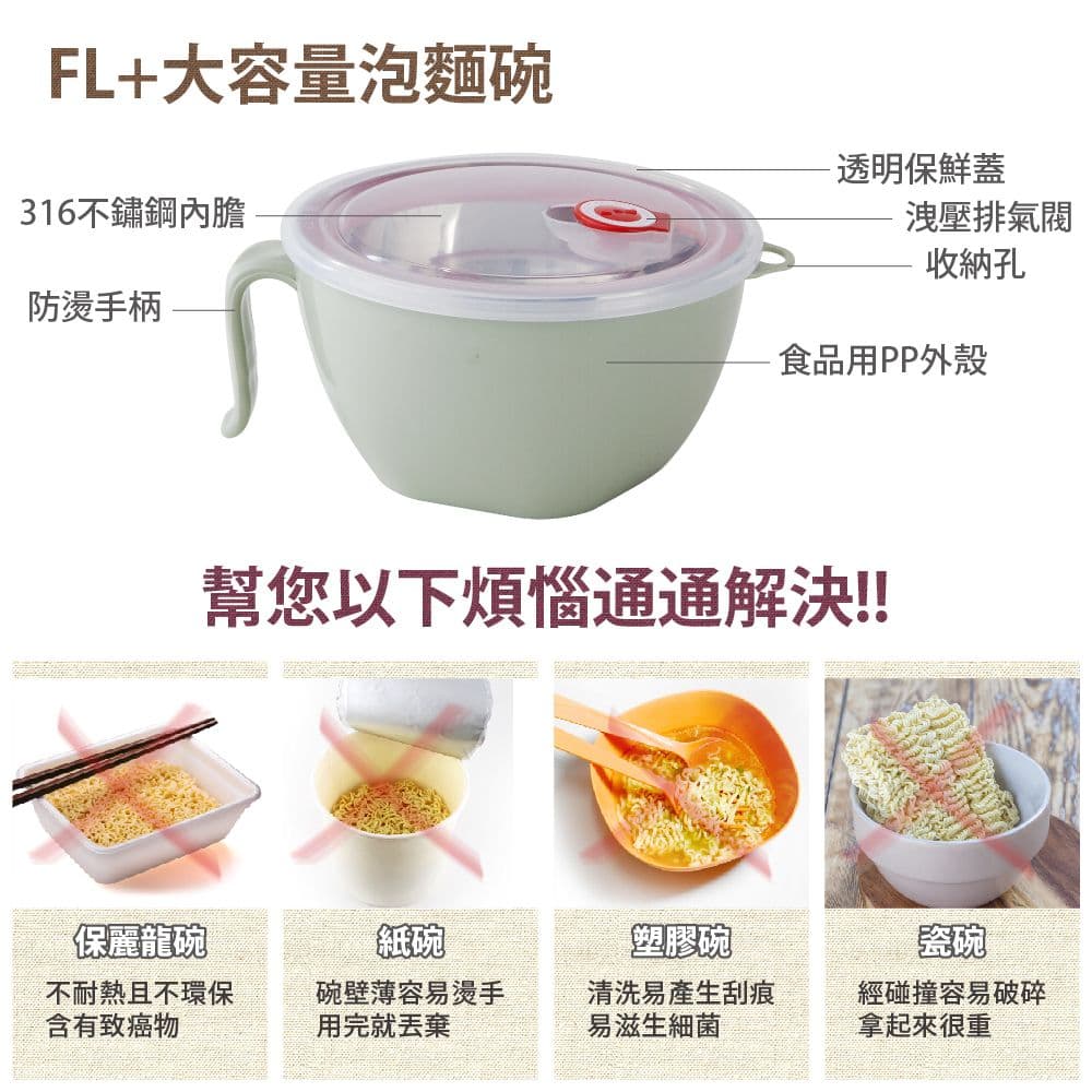 【FL 生活+】頂級316不銹鋼雙層隔熱保鮮泡麵碗1200ml-超值三入組(贈不銹鋼湯叉匙*3+附蓋)