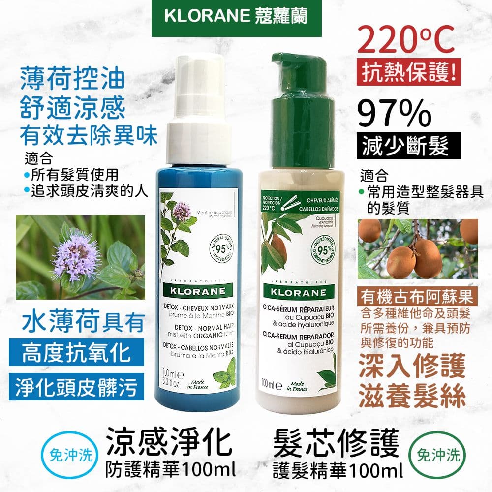 【KLORANE 蔻蘿蘭】(2入)頭皮精華液100ml 涼感淨化防護精華/髮芯修護護髮精華