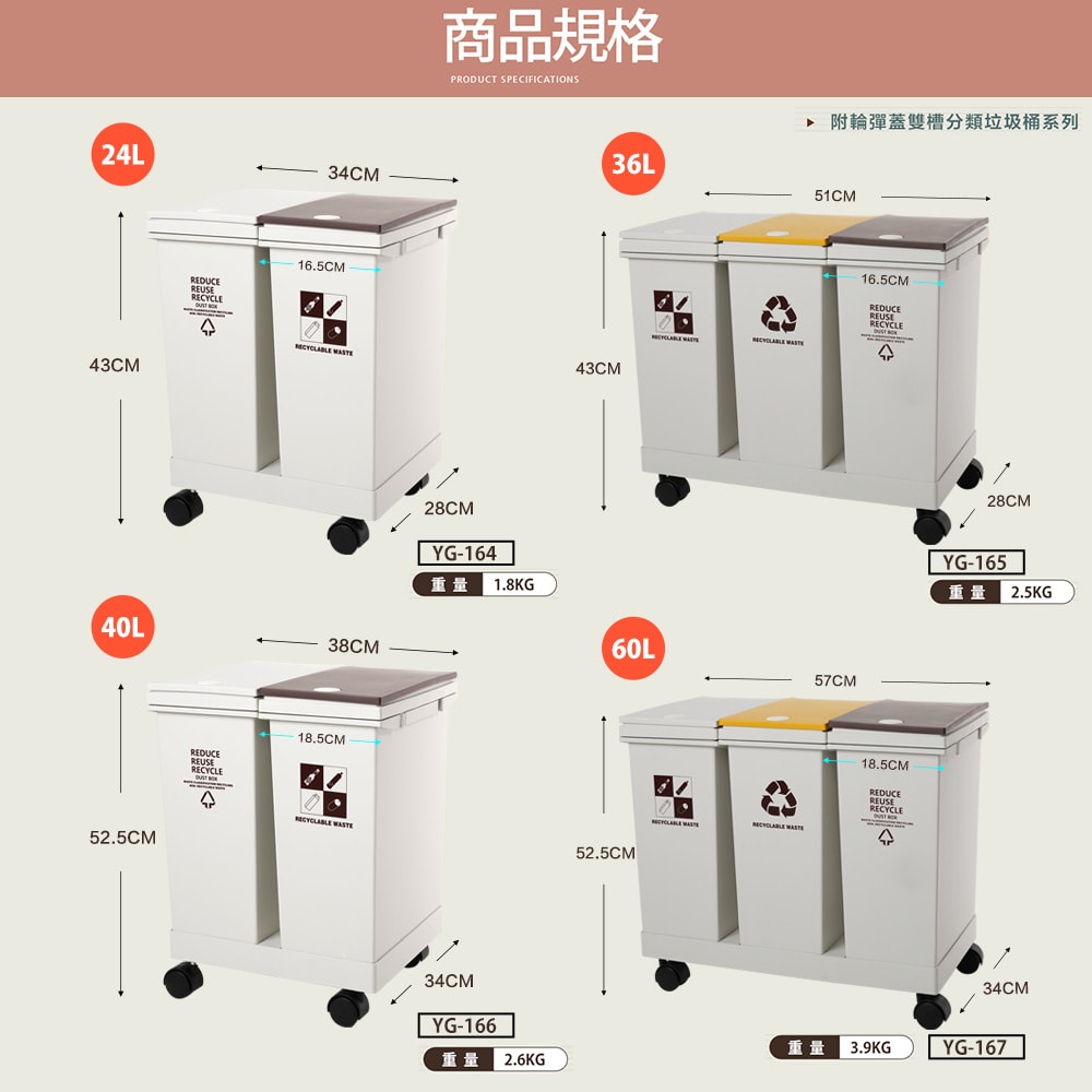 【FL 生活+】36公升附輪彈蓋三槽分類垃圾桶(YG-165)
