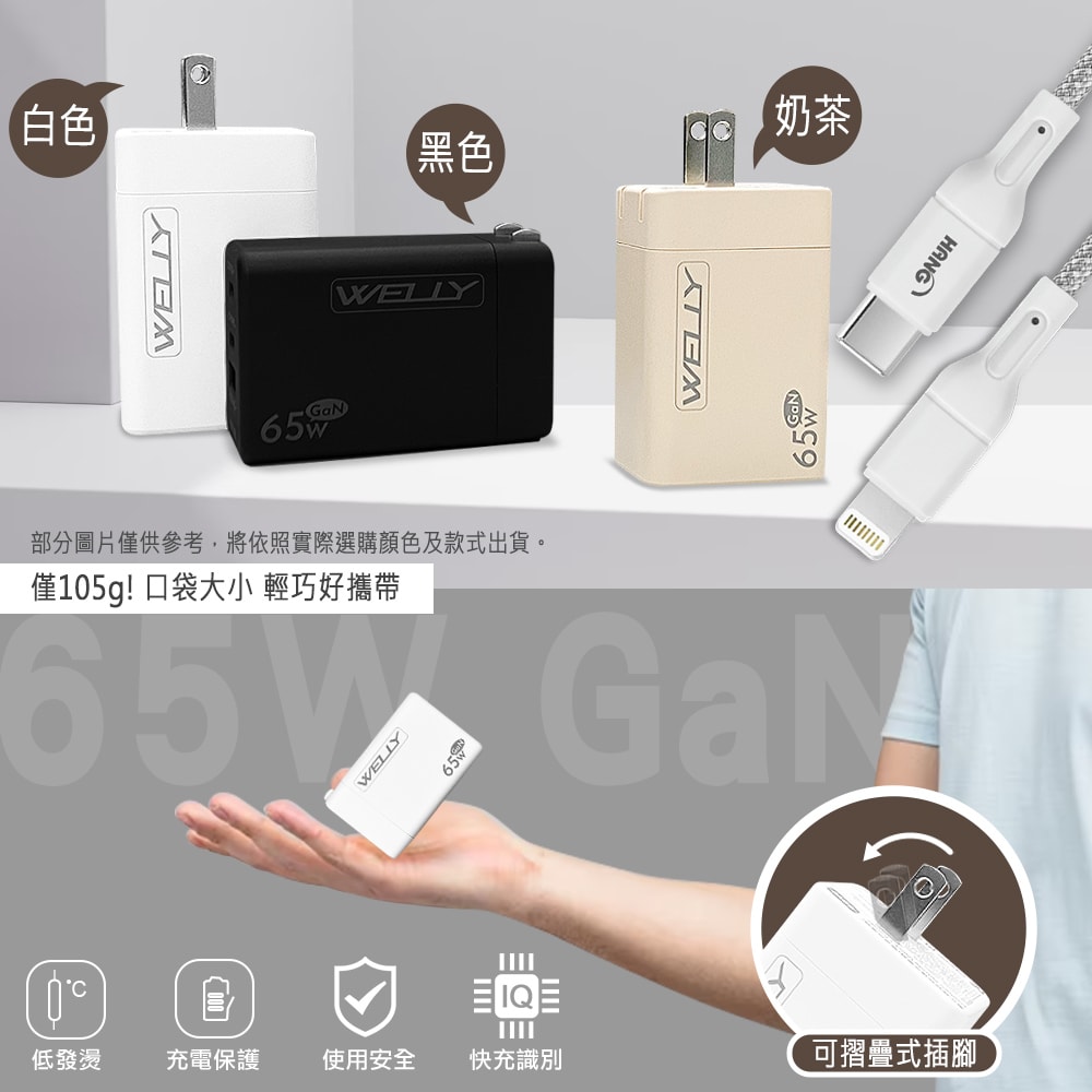 【WELLY】65W氮化鎵GaN 極速充電器三孔輸出+接口加固 iPhone PD傳輸充電線組(100cm)