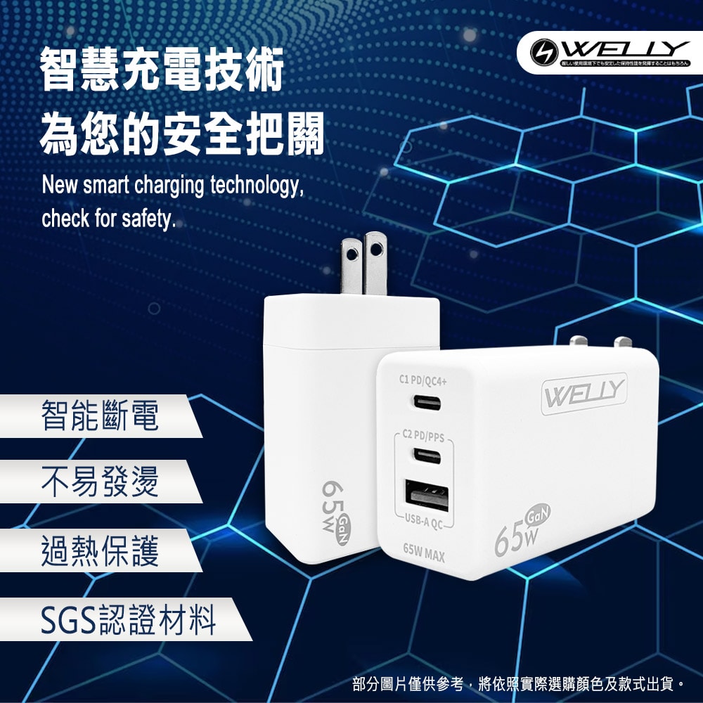 【WELLY】65W氮化鎵GaN 極速充電器三孔輸出+接口加固 iPhone PD傳輸充電線組(100cm)