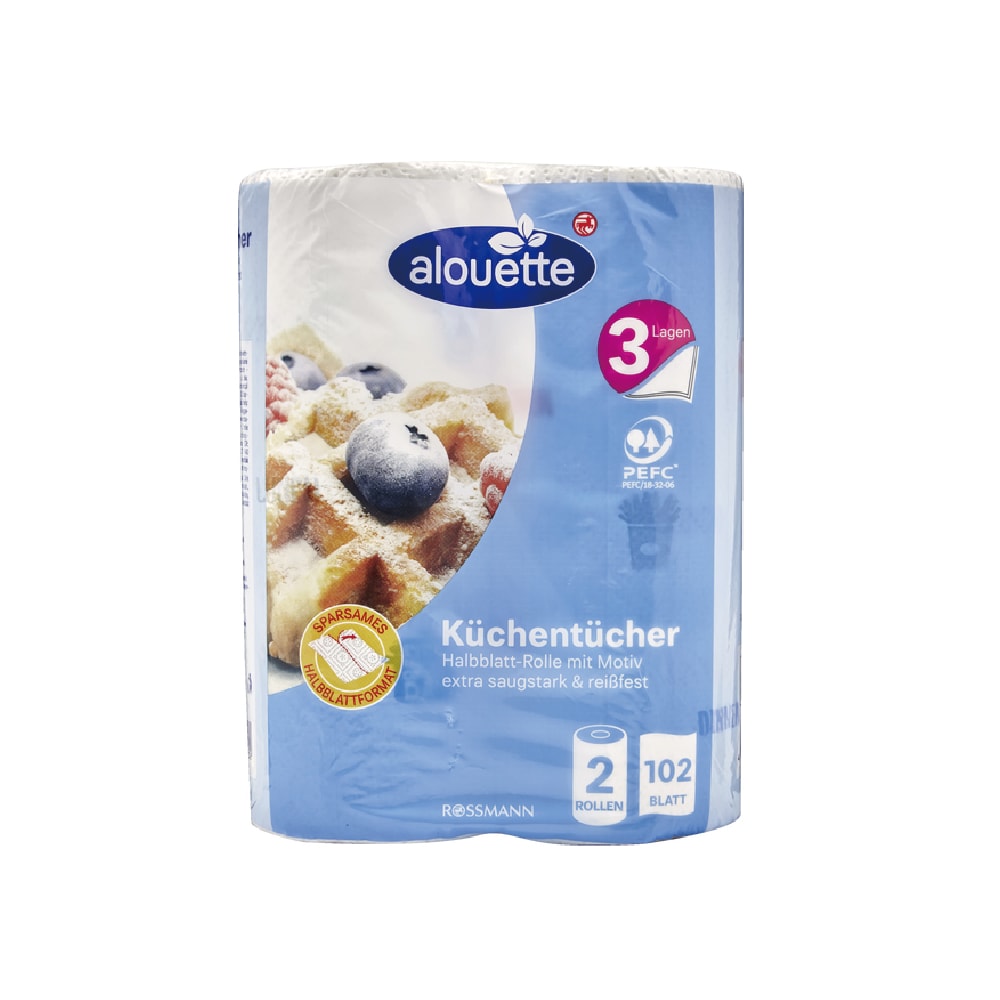 【ROSSMANN】Alouette 三層加厚印花壓紋 多用途廚房紙巾102片x2捲/袋(拋棄式抹布)