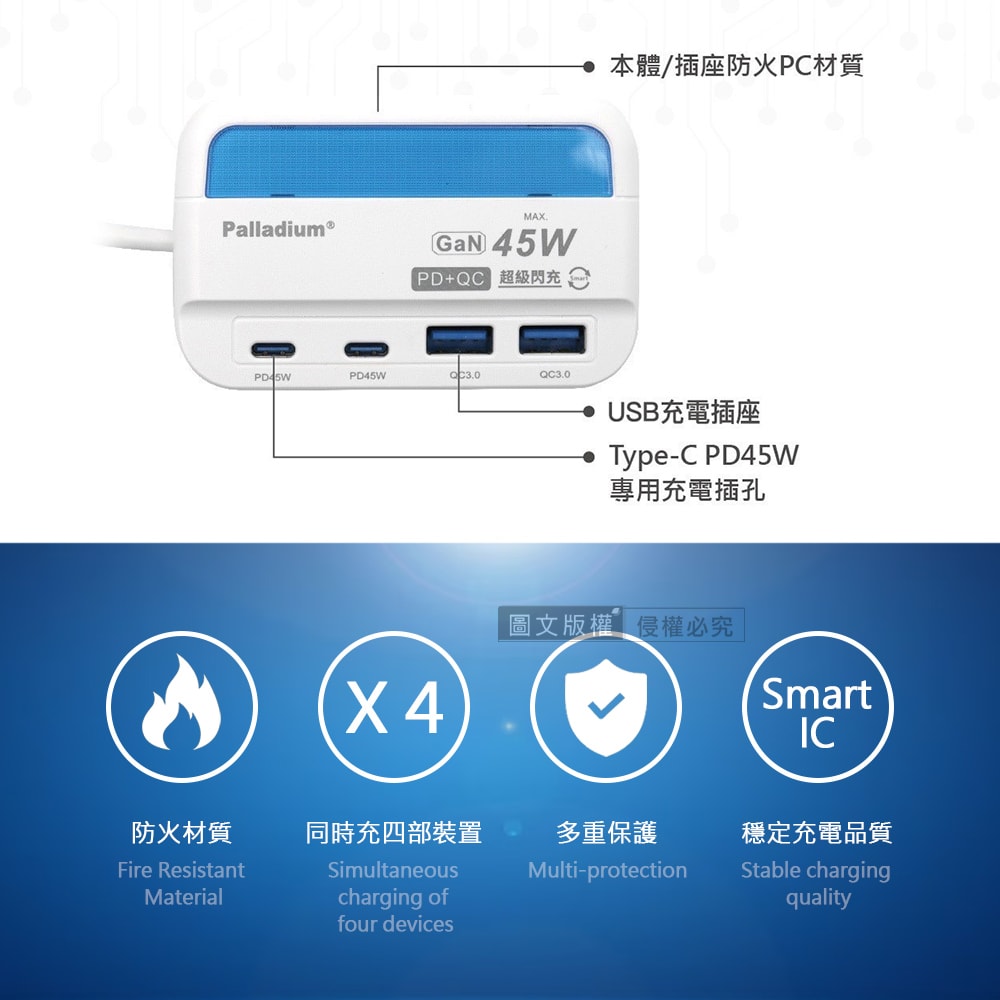 【Palladium 帕拉丁】極速45W 氮化鎵GaN PD+QC智慧閃充 4孔充電器 USB插座/擴充座/轉接插頭 1.5米