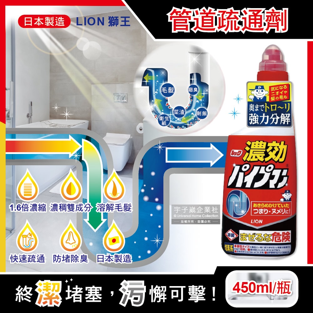 【LION 獅王】濃縮型1.6倍強力分解防堵除臭廚房衛浴馬桶排水管道疏通凝膠清潔劑450ml/紅瓶(快速溶解毛髮)