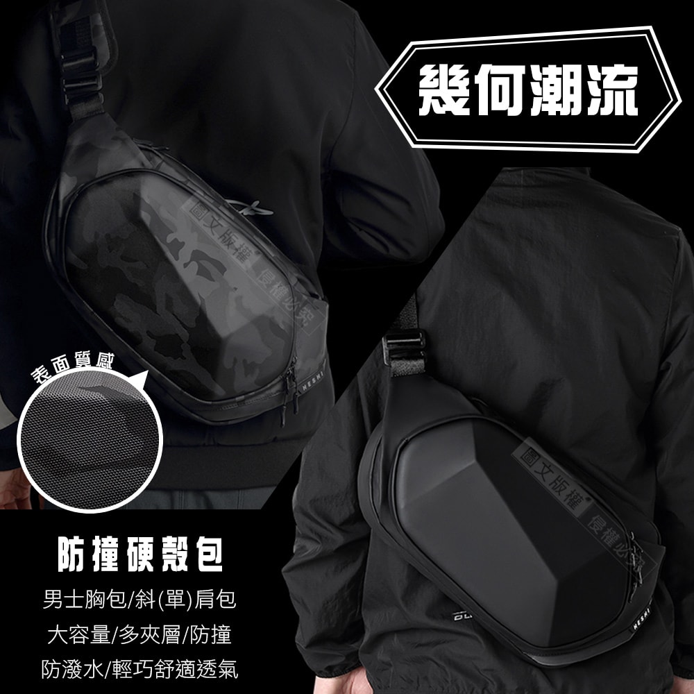 【J.S.優品】幾何潮流防撞硬殼包 10吋多夾層防潑水胸包 舒適透氣單肩包 機車族斜肩包(兩色)