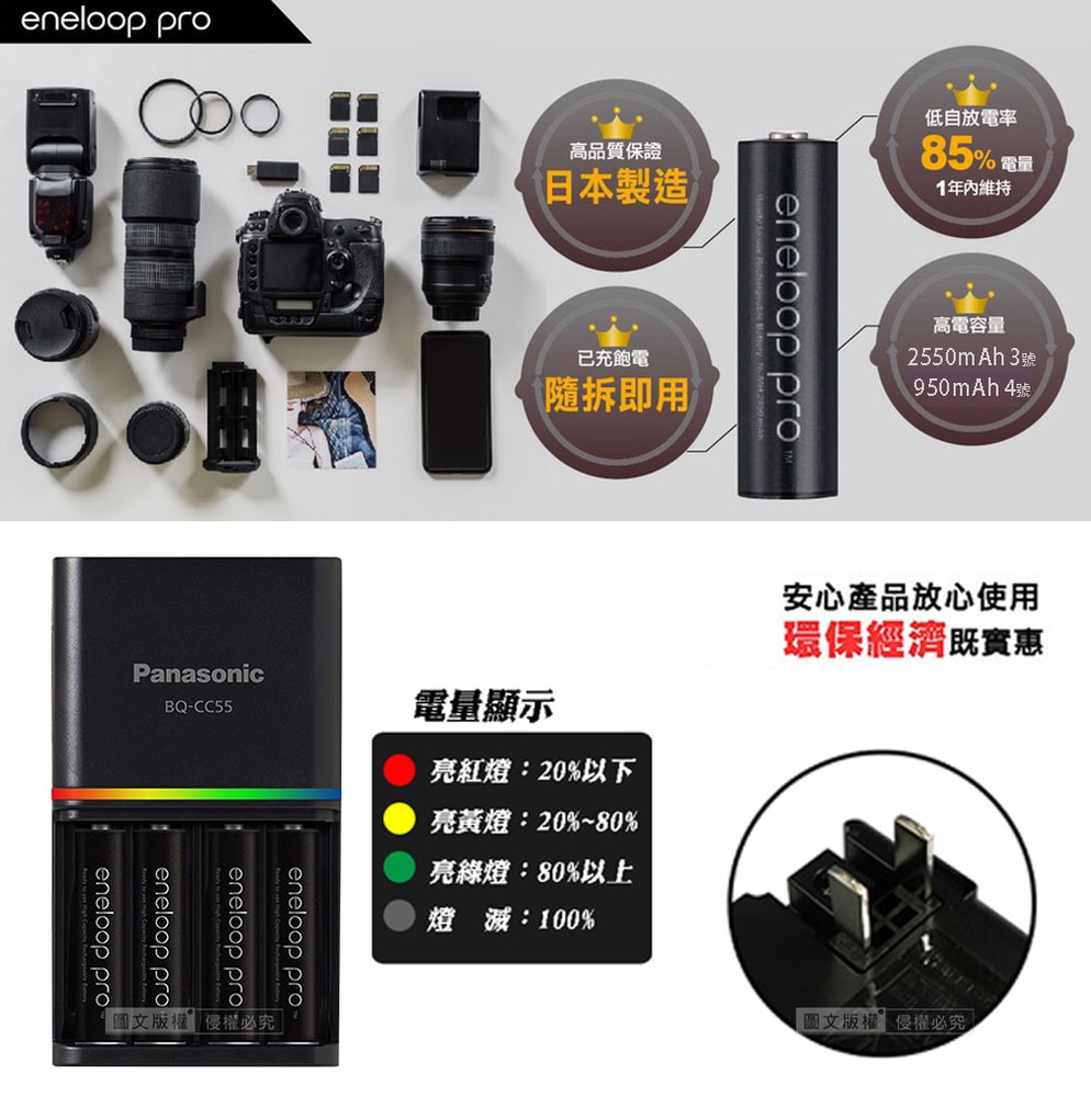 【Panasonic 國際牌】eneloop pro 黑鑽疾速智控電池充電組(BQ-CC55充電器+4號2顆) K-KJ55HC02TW