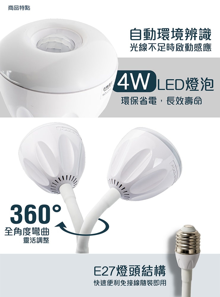 【太星電工】一把照LED感應燈4W/E27燈頭式(白光) WDG104W