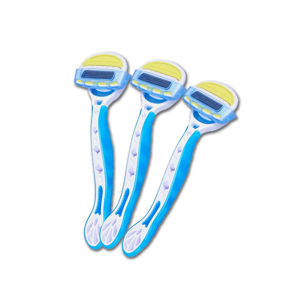 【KAI 貝印】AQUAFIT-靈活擺動5層刀片蘆薈潤澤護膚沐浴除毛刀-藍色3入/盒(女用美體刀,美容刀,5刃刮毛刀)