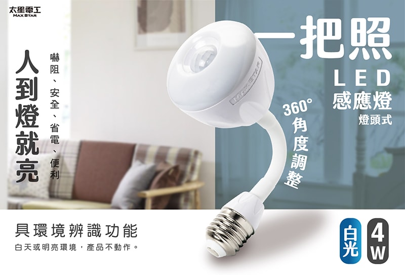 【太星電工】一把照LED感應燈4W/E27燈頭式(白光) WDG104W