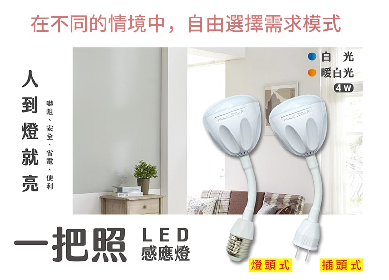 【太星電工】一把照LED感應燈4W/E27燈頭式(暖白光) WDG104L