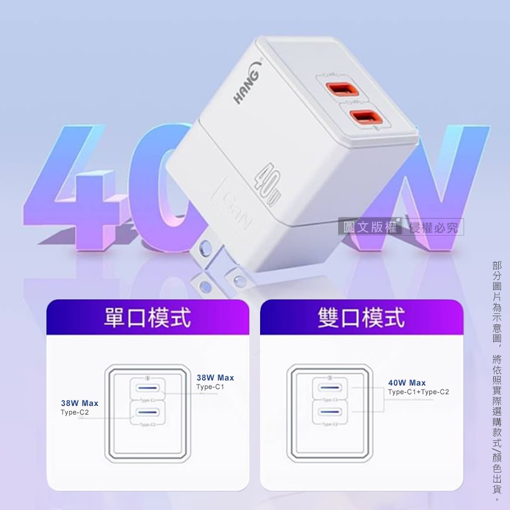 【HANG】氮化鎵GaN USB-C/PD雙孔快速充電器 40W雙Type-C迷你快充頭