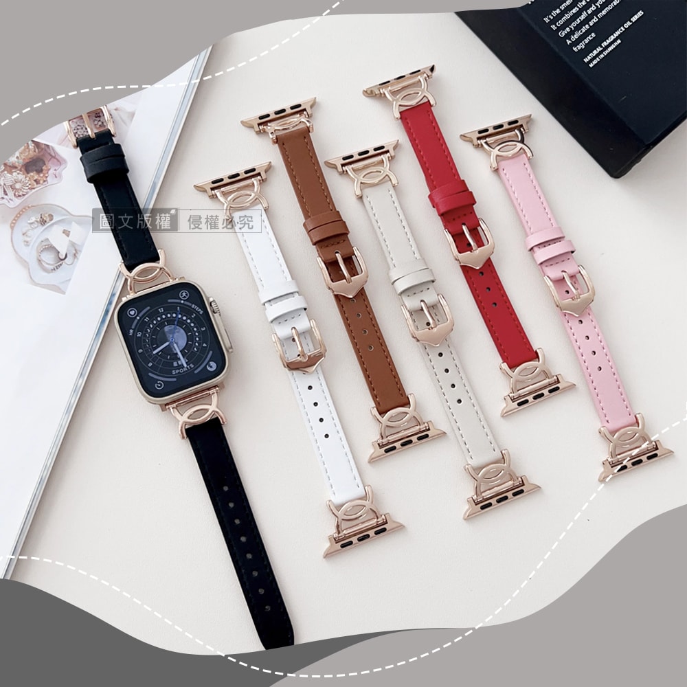 【J.S.優品】都會花漾 雙C環 Apple Watch 38mm/40mm/41mm 通用型金屬扣質感皮革錶帶