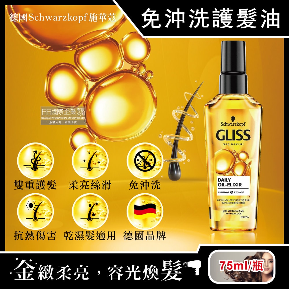 【德國 chwarzkopf 施華蔻】GLISS沙龍級滋養柔順免沖洗修護髮油75ml/瓶(德國小金瓶,摩洛哥堅果油髮膜,維他命E潤髮精華油,秀髮亮澤保濕安瓶)