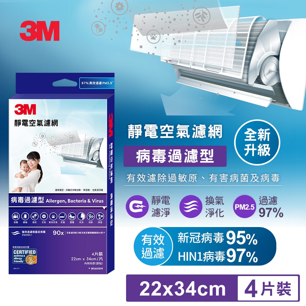 【3M】9809-CTC 靜電空氣濾網4片裝-病毒過濾型 (適用冷氣/清淨機/除濕機 自由剪裁)