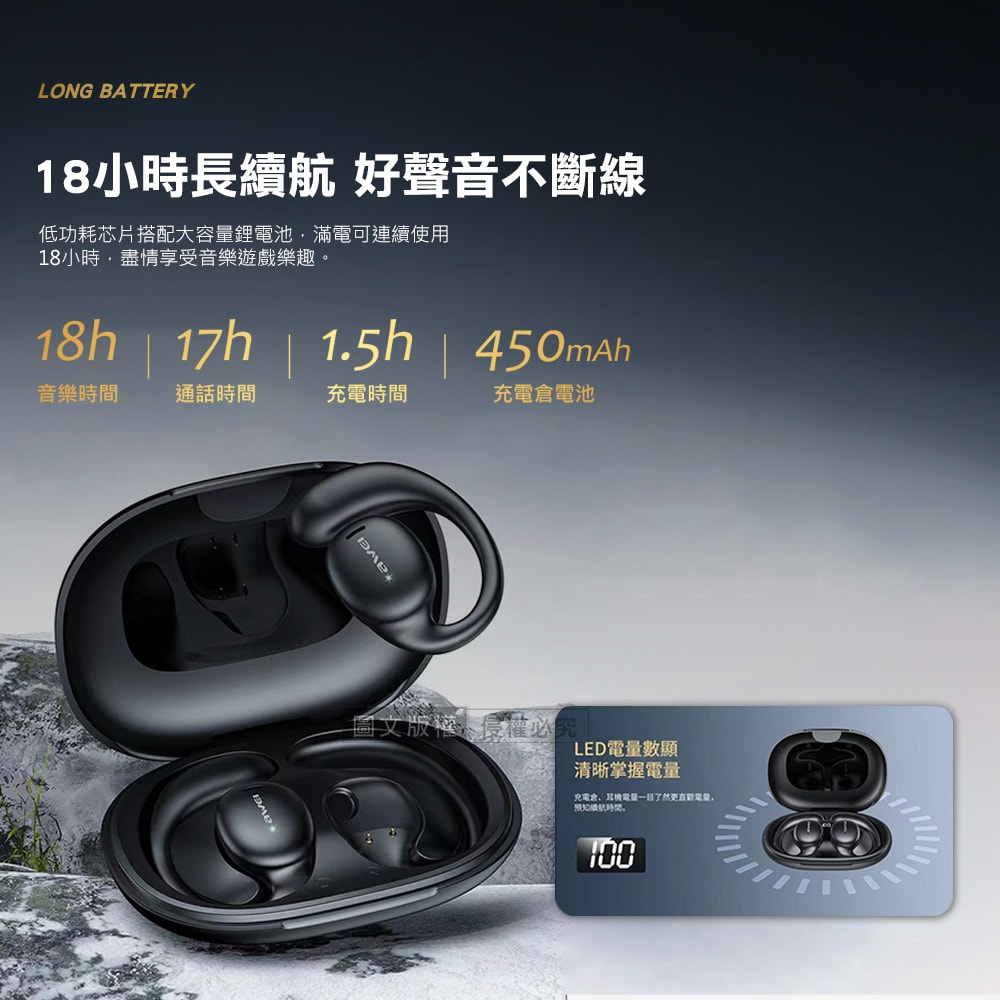 【AWEI】耳掛式無線耳機 OWS開放式空氣傳導 TWS真藍牙耳機 V5.3 LED電量顯示