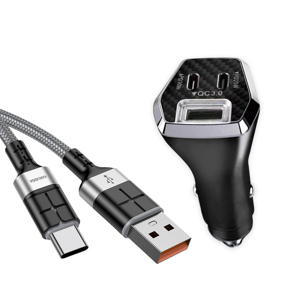 【City Boss】50W車用充電器 Type-C/USB-A 3孔車充頭+3A抗彎折 USB to Type-C 鋁合金傳輸充電線