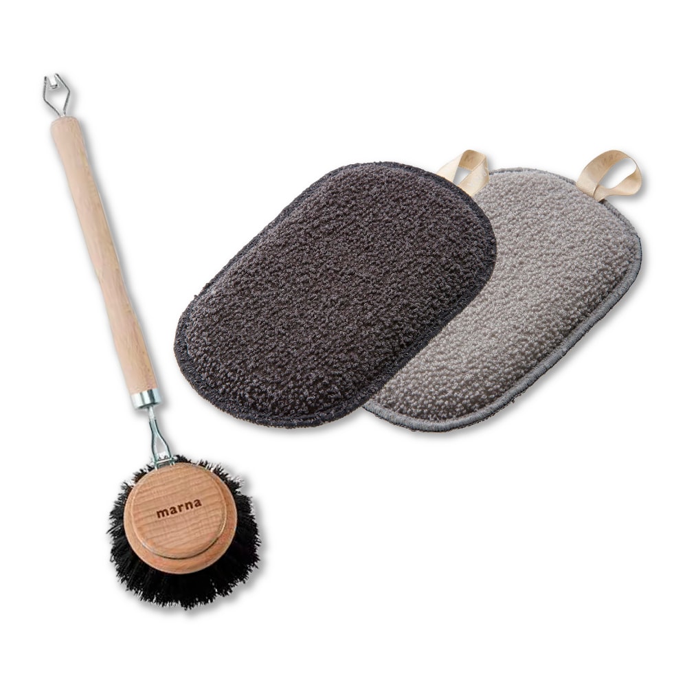 【MARNA】日本不沾鍋天然木柄馬毛刷(L)+食器專用海綿(3件組)(原廠總代理)