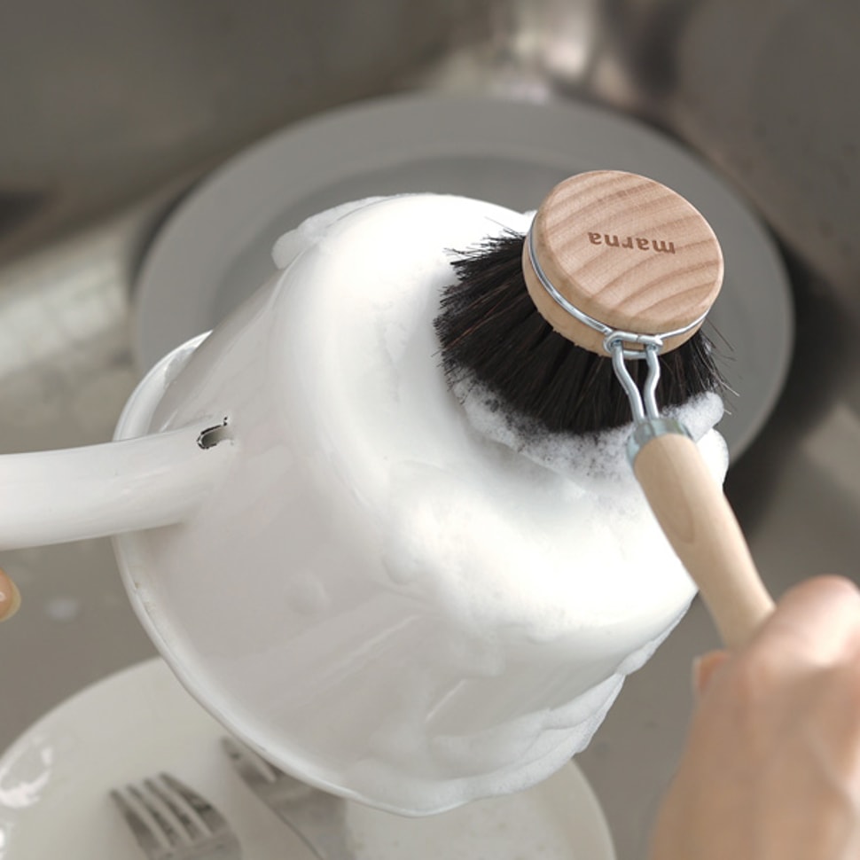 【MARNA】日本不沾鍋天然木柄馬毛刷(L)+食器專用海綿(3件組)(原廠總代理)