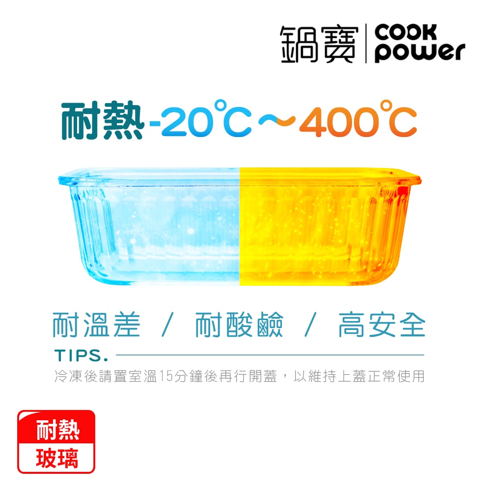 【CookPower 鍋寶】耐熱玻璃防滑保鮮盒300ML-長方形(BVC-03001)