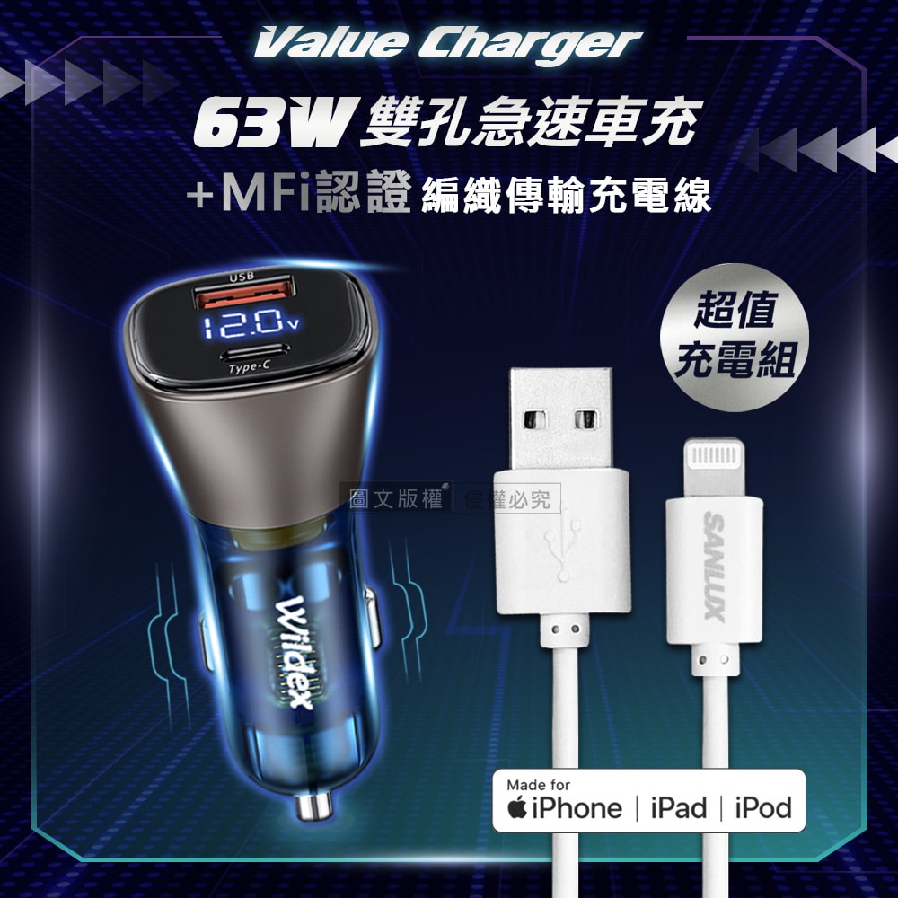 【SANLUX 台灣三洋】MFi原廠認證線 Lightning USB 傳輸充電線(200cm)+63W急速充電 雙孔電瓶電壓車充頭