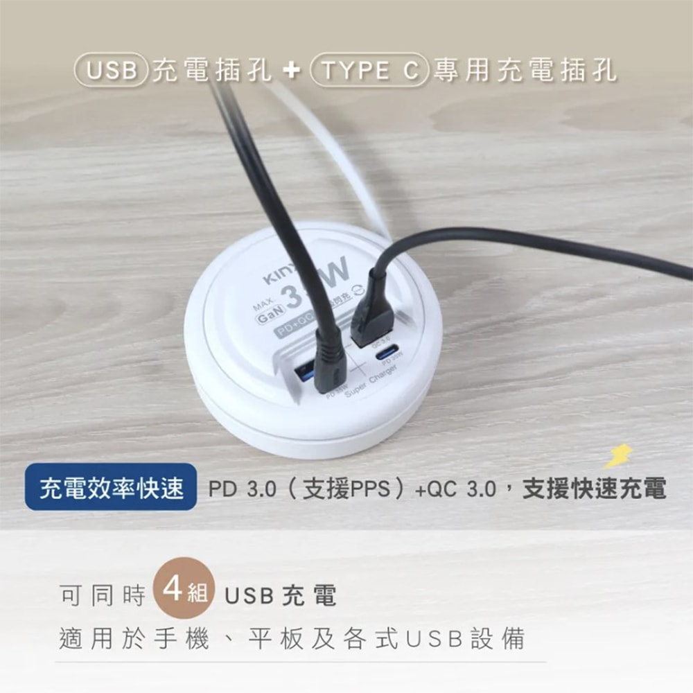【KINYO】35W氮化鎵USB充電分接器電源線延長線(GIU-PD435)智慧快充2PD+2QC