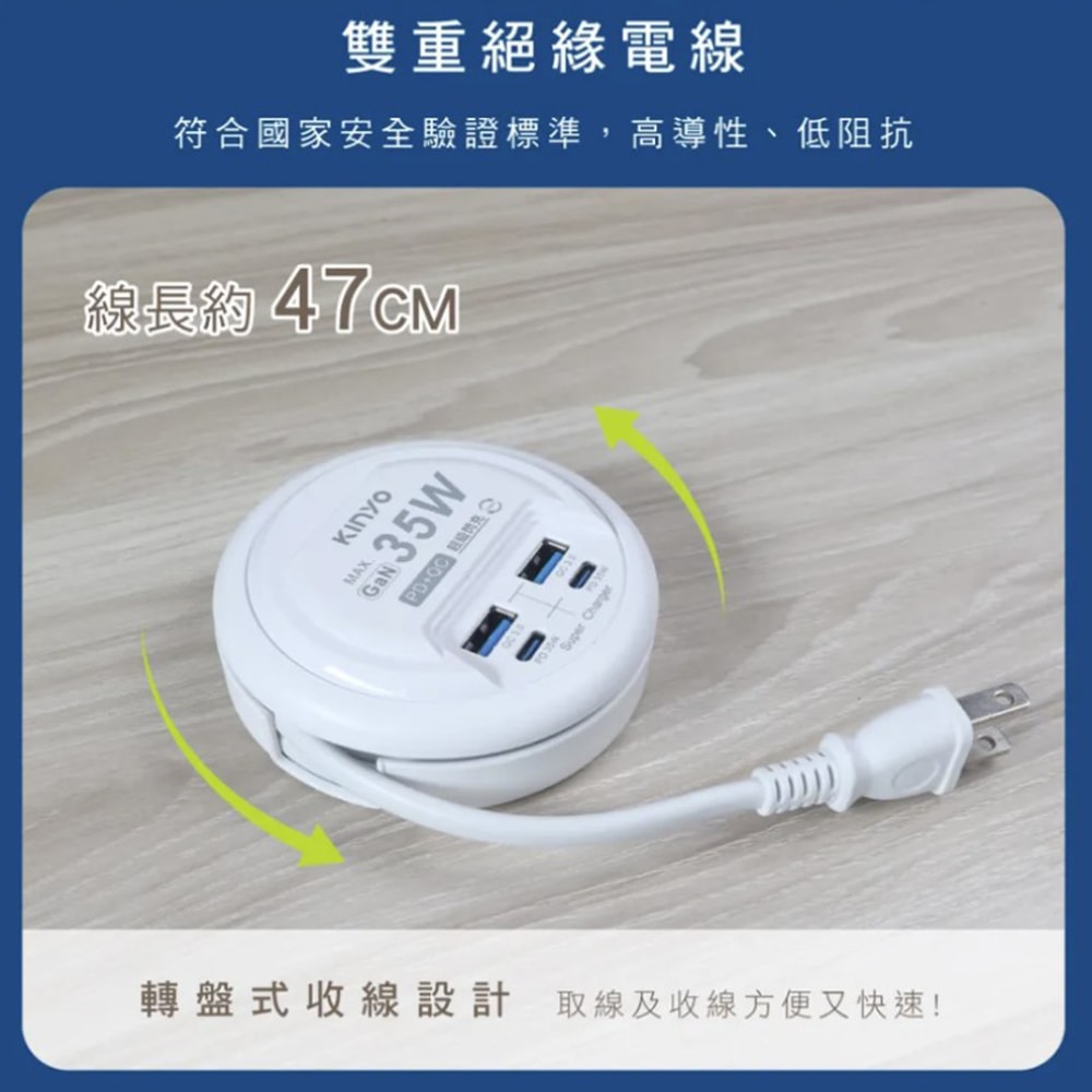 【KINYO】35W氮化鎵USB充電分接器電源線延長線(GIU-PD435)智慧快充2PD+2QC