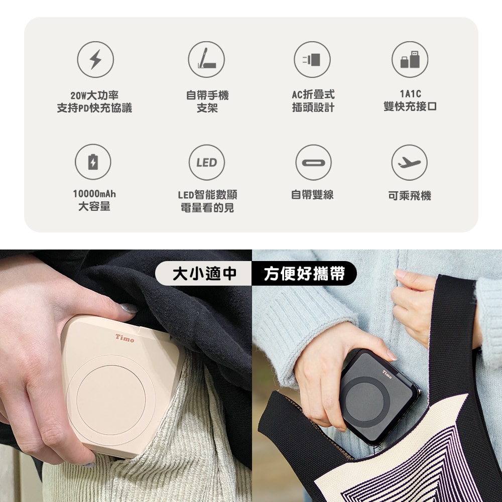 【Timo】五合一萬用充行動電源 多功能自帶線 磁吸無線充電 10000mAh