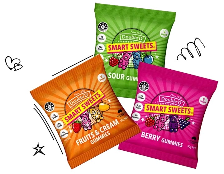 【澳洲DoubleD】無糖全素高纖軟糖—酸可樂、綜合莓果、酸酸糖、草莓芒果（隨機3入組）
