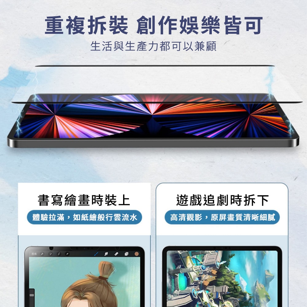 【Timo】for iPad 10.2吋 /10.5吋 /10.9吋 /11吋 磁力吸附可拆卸類紙膜/肯特紙/書寫膜/繪圖膜/平板保護貼