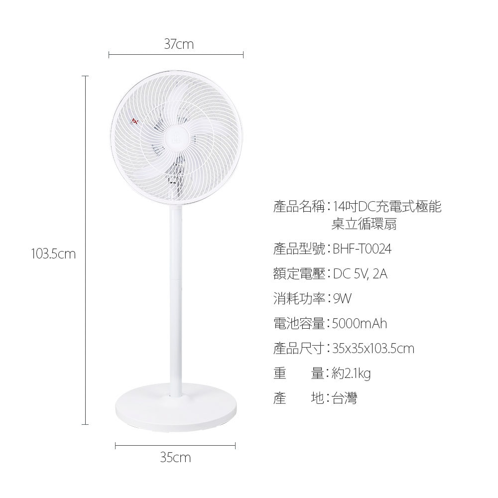 【勳風】14吋充插二用旋風式DC扇節能電風扇立扇循環扇(BHF-T0024)不怕停電/可用行動電源