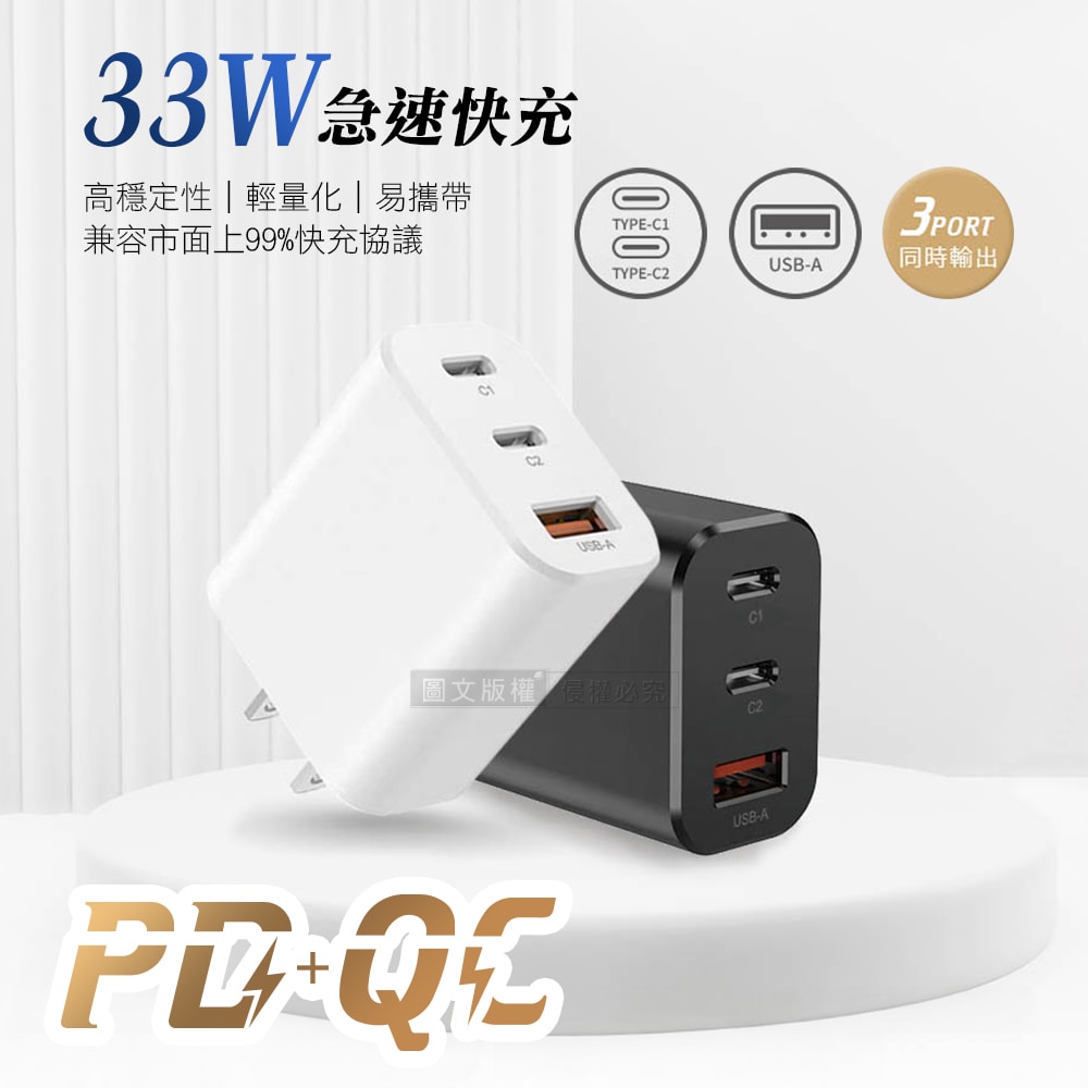 【City Boss】CITY 33W PD+QC多協議旅用3孔充電頭 急速充電器 安規認證 台灣製造