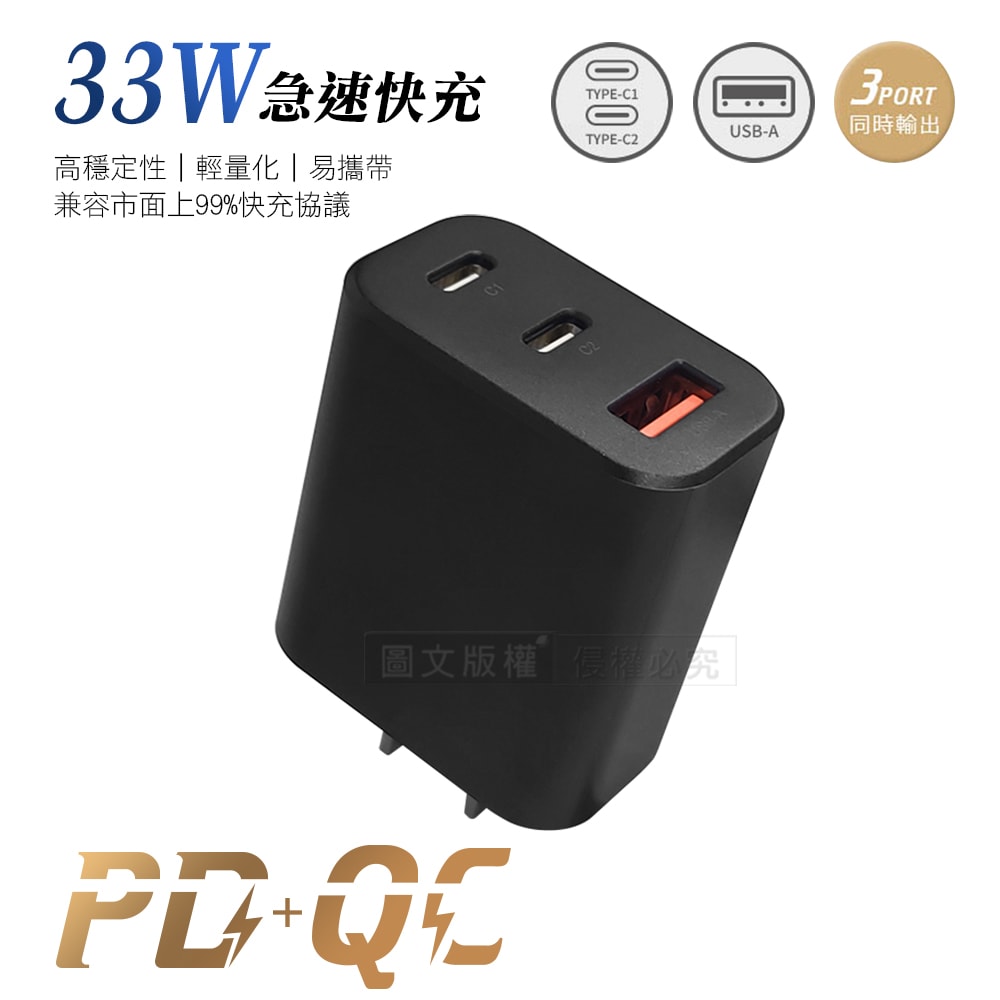 【City Boss】CITY 33W PD+QC多協議旅用3孔充電頭 急速充電器 安規認證 台灣製造