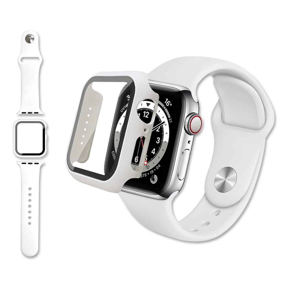 【J.S.優品】全包覆 Apple Watch Series SE/6/5/4 (44mm) 9H鋼化玻璃貼+錶殼+環保矽膠錶帶