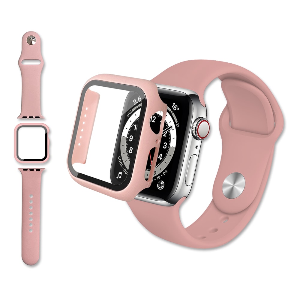 【J.S.優品】全包覆 Apple Watch Series SE/6/5/4 (44mm) 9H鋼化玻璃貼+錶殼+環保矽膠錶帶