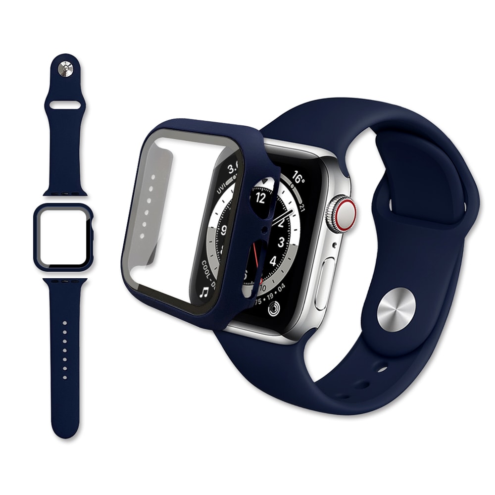 【J.S.優品】全包覆 Apple Watch Series SE/6/5/4 (44mm) 9H鋼化玻璃貼+錶殼+環保矽膠錶帶