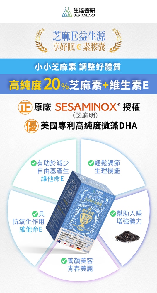 【生達醫藥】生達醫研 芝麻E益生源享好眠素膠囊 60粒X3瓶+贈優晶亮葉黃素60粒/瓶