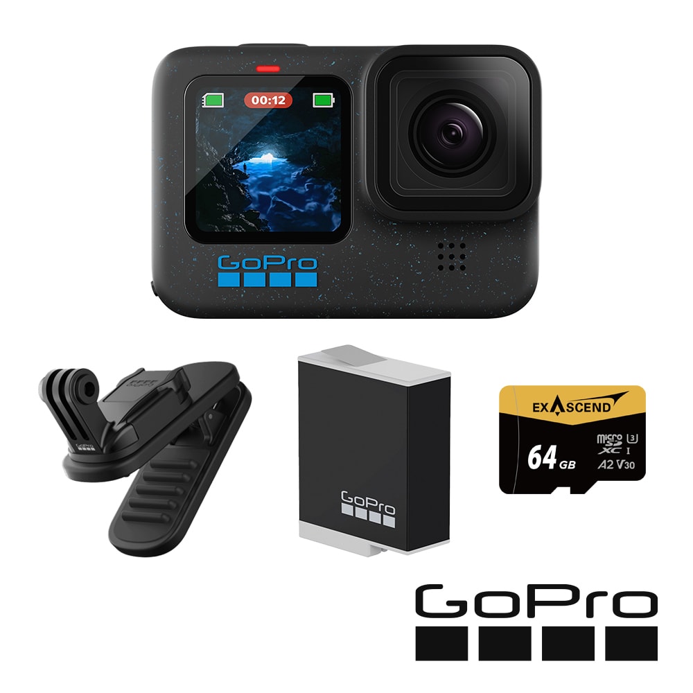 【GoPro】HERO12 Black 全方位攝影套組 (HERO12單機+磁吸旋轉夾+Enduro原廠充電電池+64G記憶卡)
