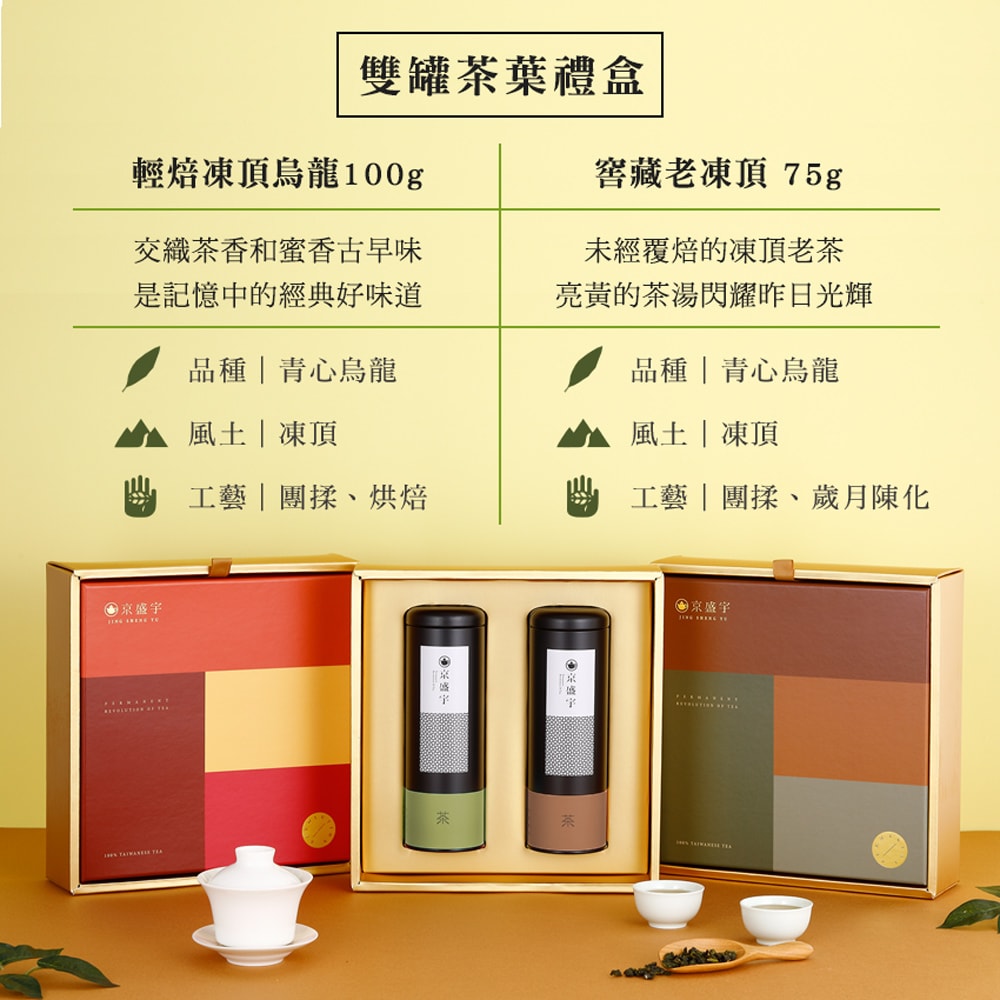 【Jing Sheng Yu 京盛宇】大地禮盒-雙罐茶葉|輕焙凍頂烏龍100g+窖藏老凍頂75g(100%台灣茶葉/附提袋)